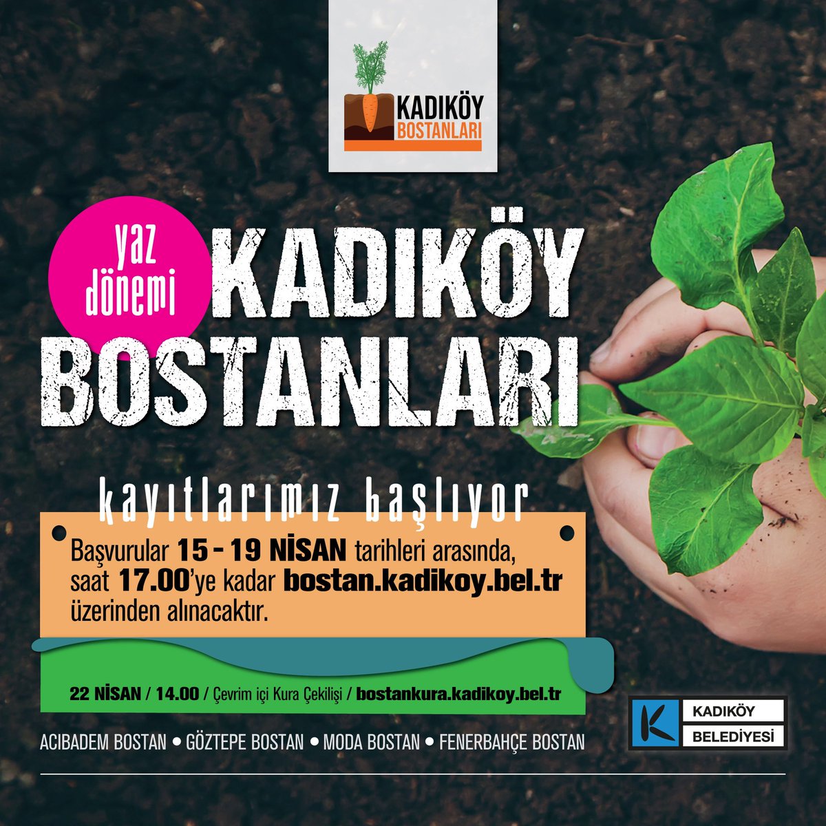 Kadıköy Bostanları'nda yaz dönemi kayıtları başladı 🥕🥬

Kent içinde atalık tohumlarla, doğal ve doğru şekilde sebze yetiştirmek istiyorsanız 19 Nisan’a kadar başvuru yapabilirsiniz.

Başvuru; eybs.kadikoy.bel.tr/web.talep.doms…

📍Acıbadem, Göztepe, Moda, Fenerbahçe

📌 Çevrimiçi kura