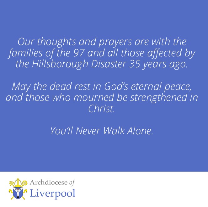 Today, we pray for all those affected by the Hillsborough Disaster, which happened 35 years ago today. We pray that the 97 lives lost that day are never forgotten. #YNWA