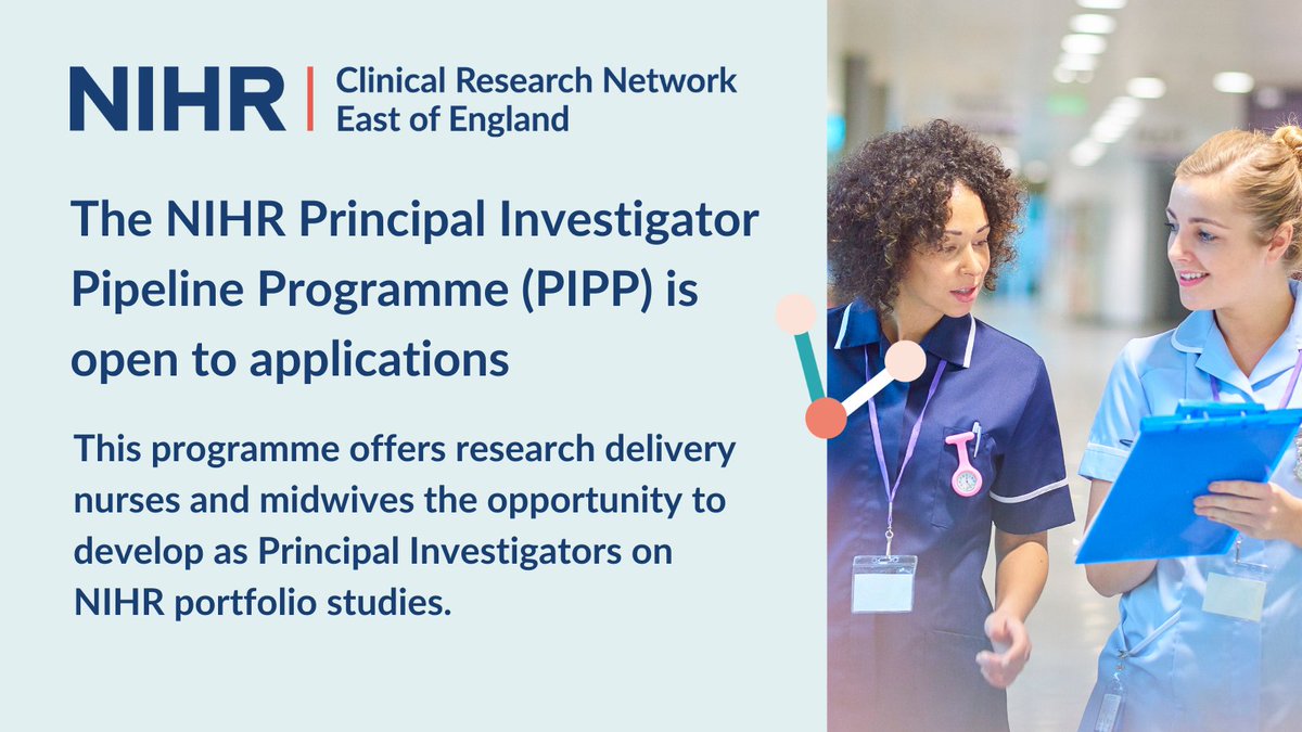 The @NIHRresearch Principal Investigator Pipeline Programme (PIPP) is now open to new applications! The PIPP Programme offers research delivery nurses and midwives the opportunity to develop as PIs on NIHR portfolio studies. Find out more: nihr.ac.uk/health-and-car… Closes 31 May