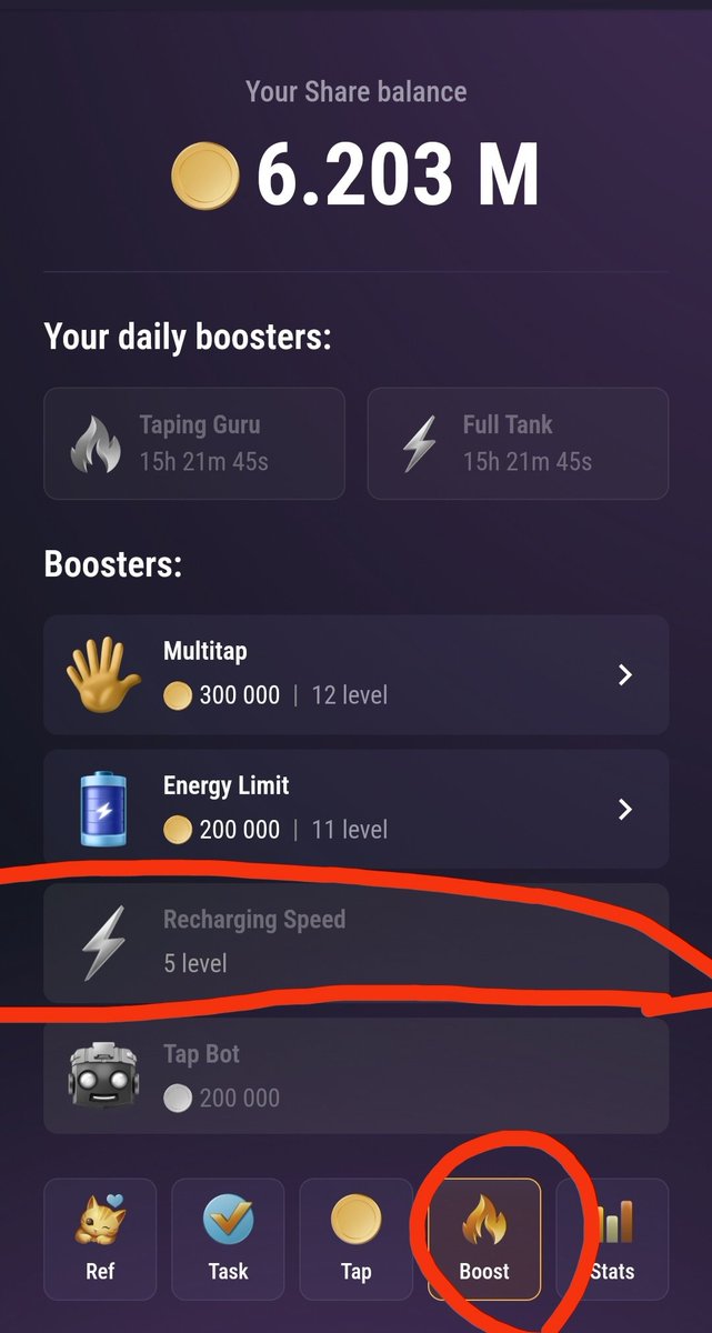 Upgrade the recharging speed to level 5 to increase the speed of receiving coins
The rest of the parts are the same
Wait for the pricing and listing in the exchanges
t.me/tapswap_bot?st…