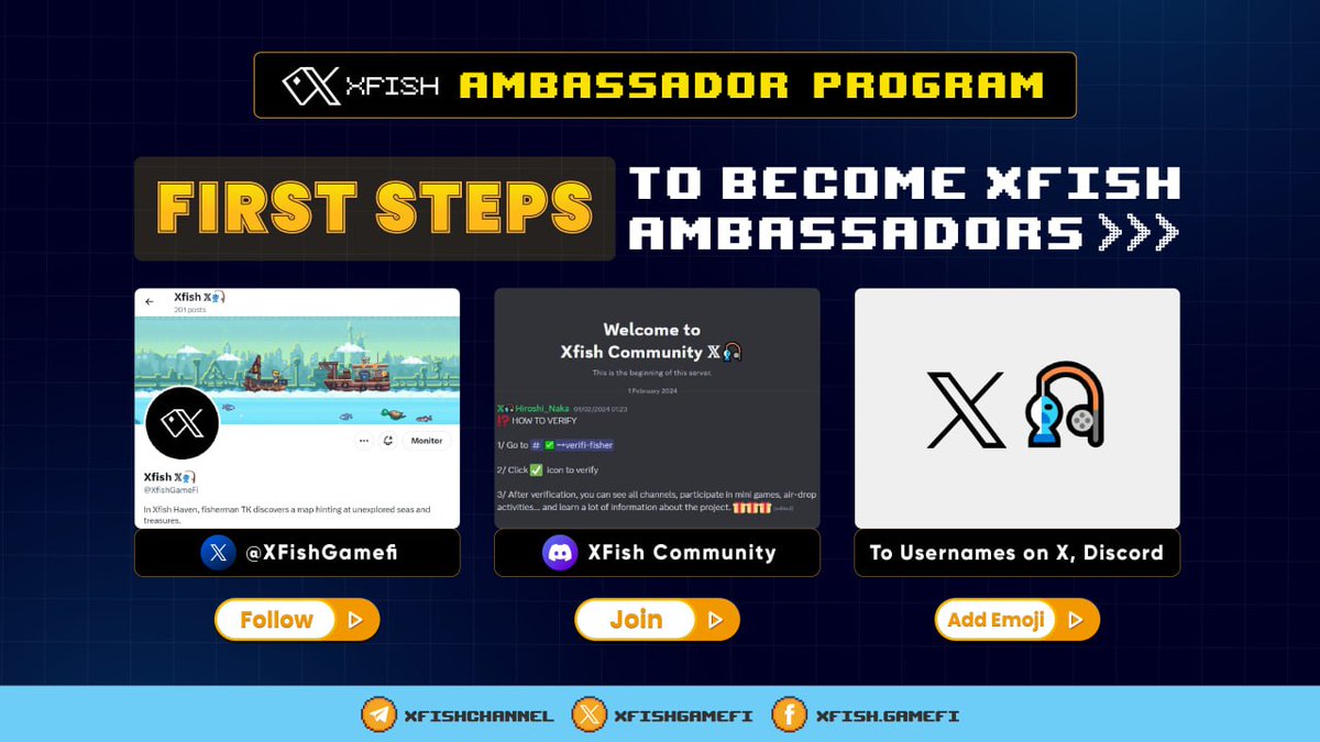 XfishGameFi's tweet photo. INSTRUCTIONS FOR NEWBIES TO BECOME XFISH AMBASSADORS

We're excited to have many new members on board! 

✅ Here's the guide to get you started with the XFish Ambassador Program!

1️⃣ Follow XFish X (Twitter)
👉 https://t.co/qW12KWkzOh

2️⃣ Join XFish Community Discord Server
👉 https://t.co/yUDnE3vHoi

3️⃣ Add emoji 𝕏🎣 next to your X (Twitter) & Discord names
👉 For example: 𝕏🎣 username123

📣 Calling all newbies! 
Please follow the above steps to start your journey with us!

On X (Twitter)
@layomidefi @Mahid4466 @_majofinance @ChiomaChukwura2 @AnasteciaFranc2 @Fr1udoka @Alinax012 @Rox4119 @abuchi55764796 @mcsurex @benjoseph536 @LoraNoraxx7  @BigFIBO @vudao274 @Yang_Alhaji

➡️ Learn more at https://t.co/xnmgXwgADn

#XFish #Ambassador #GameFi #SocialFi #XGame