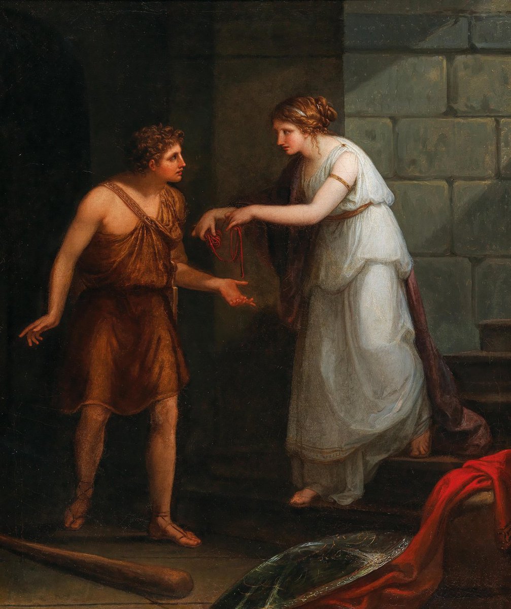 The quest to slay the frightful Minotaur only succeeded due to Ariadne's help, who had fallen in love with Theseus. She gave him a sword to kill the beast and a ball of thread—so he could retrace his steps and escape the Labyrinth. 🎨A. Kauffmann #MythologyMonday #BookChatWeekly