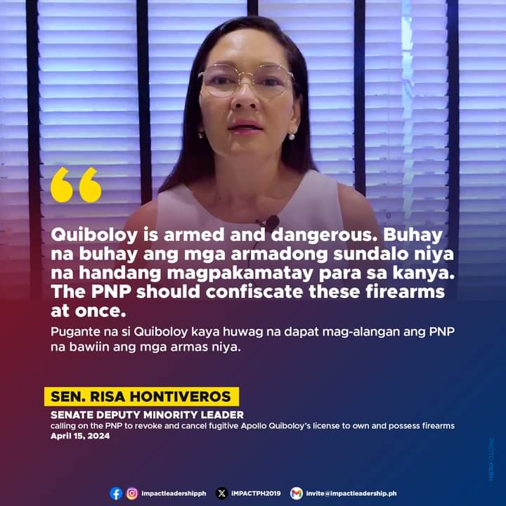 'THE PNP SHOULD CONFISCATE THESE FIREARMS AT ONCE'

Sen. Risa Hontiveros calls on the PNP to revoke and cancel fugitive Apollo Quiboloy's license to own and possess firearms after photos and videos circulated online of his alleged private army training with firearms.