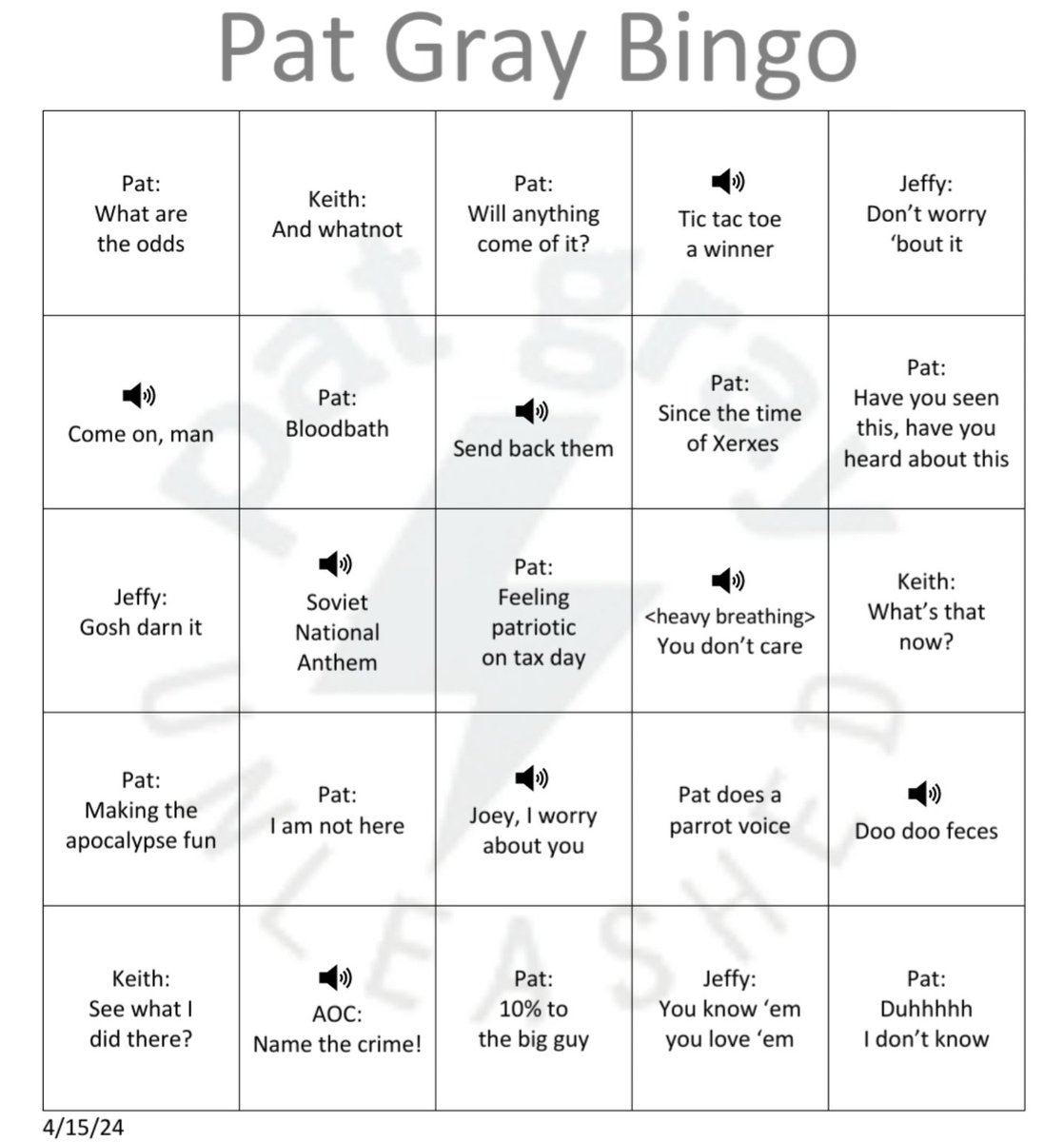 #HappyMonday, #PatHeads! @PatUnleashed starts at 7am eastern on @theblaze/@BlazeTV! Looking for this week's #PatGrayBingo card?? It's right here! Call 888-900-3393 if you get BINGO! First one through on the phone this week is a winner of $30 in Pat merch and a dozen cookies from…