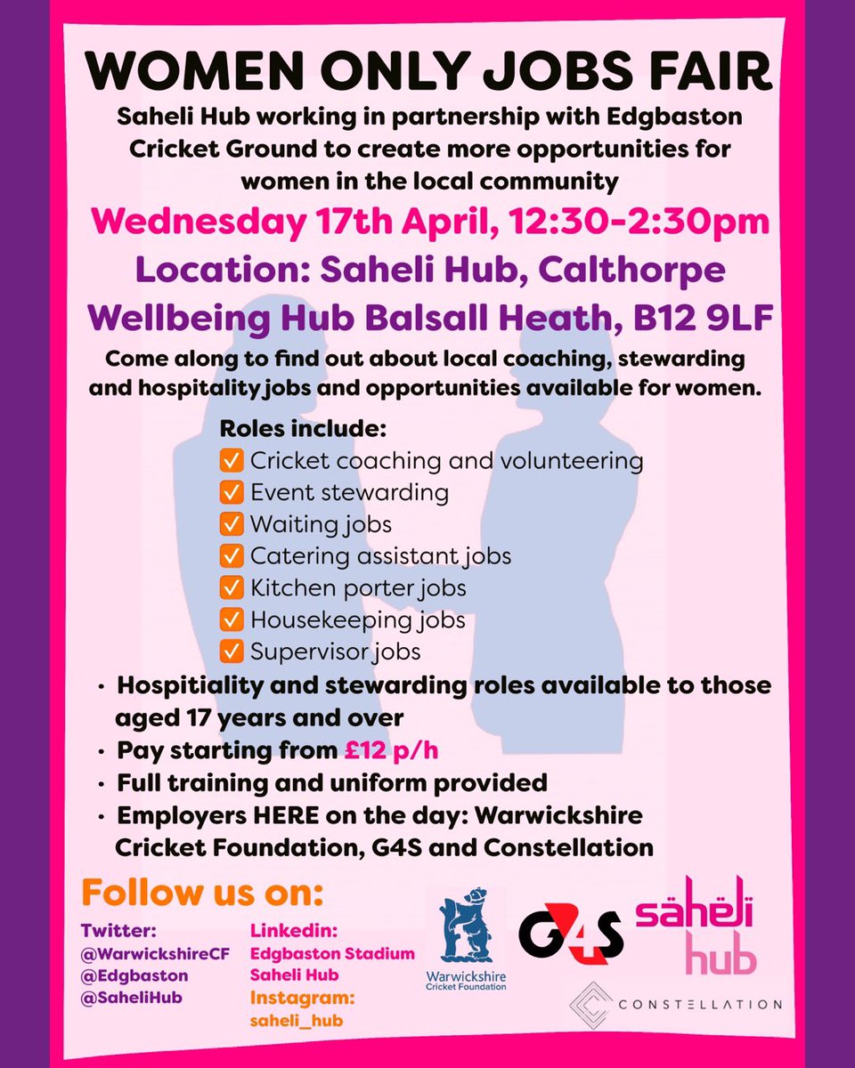 We look forward to seeing you at the WOMEN ONLY JOBS FAIR! @WarwickshireCF @Edgbaston