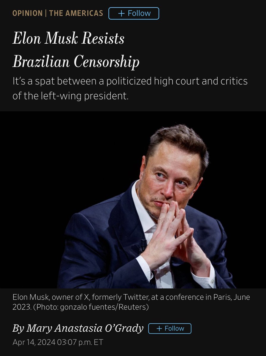 Elon Musk resiste à censura brasileira O @WSJ é lido pela elite política e econômica dos Estados Unidos. Ontem, o artigo publicado cobrindo o Brasil não foi apenas escrito por uma editora sênior gabaritada e premiada, como apareceu na edição impressa (o que nos dias de hoje é…