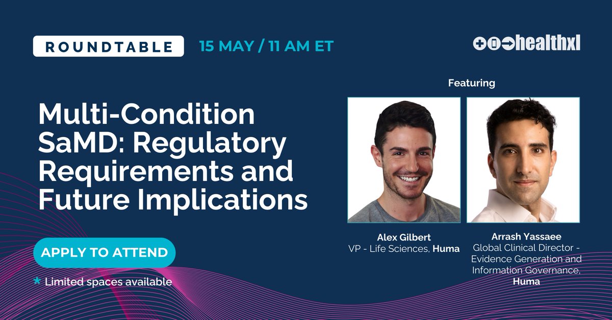 health_xl's tweet image. HealthXL is bringing in the experts from @HumaForHealth, Alex Gilbert &amp;amp; Arrash Yassaee, to give us the inside scoop on conquering the complexities of multi-condition SaMD approval.

Limited seats available, so lock in your spot now before it's too late!👇 shorturl.at/hAMX8