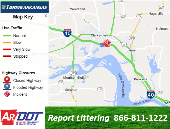 Johnson Co: (UPDATE) I-40 EB/WB left lanes/shoulders remain blocked due to an accident in Clarksville (mm 59.3).  Monitor at IDriveArkansas.com. #artraffic #nwatraffic 
 twitter.com/IDriveArkansas…