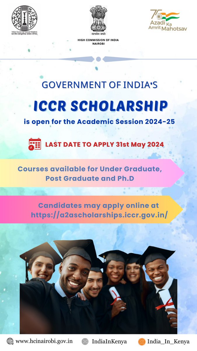 Link for ICCR scholarships has been opened till 31 May, 2024. Interested Kenyan and Somali nationals may apply at a2ascholarships.iccr.gov.in