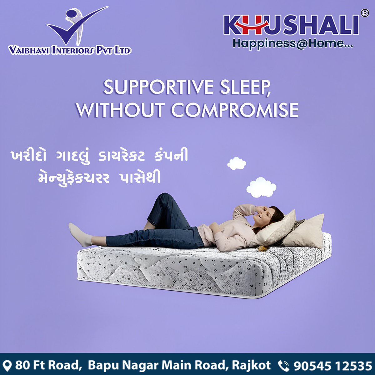 Supportive Sleep, Without Compromise 
.
.
.
#vaibhaviinteriorpvtltd #mattress #vaibhavi #interior #khushali #happineshome #softmattress #bed #bedroom #sleep #guarantee #15years #sleepbetter #healthysleep #SleepBetterFeelBetter #bedmattress #retail #Retailor #bestquality