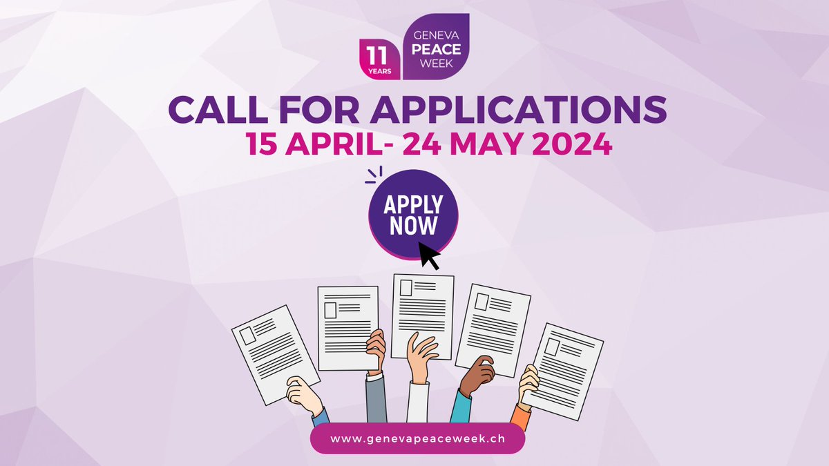 📢✍️The #GenevaPeaceWeek 2024 call for applications is now open! 🕊️Join us for #GPW24 around the theme: What is #Peace? Submit your application for your organization by 24 May. ➡️ Learn more about the 11th edition and how to apply: genevapeaceweek.ch/en/gpw24/call-…