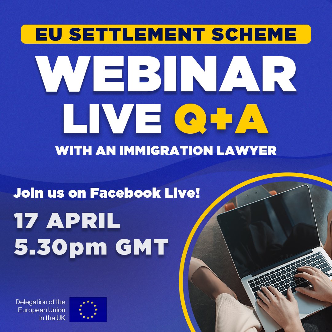 EU Citizens in the UK 🇬🇧 Don't miss our upcoming webinar on the EU Settlement Scheme! Join us for a LIVE Q+A with an immigration lawyer on our Facebook page 🗓️Date: Wednesday 17th April 🕑Time: 5.30pm GMT #EUcitizens #EUSS