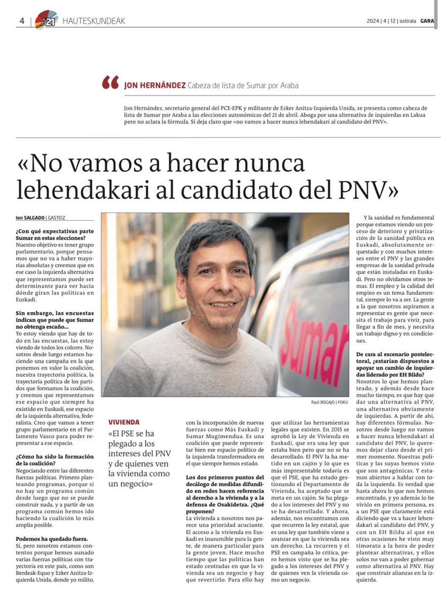 #Sumar I Jon Hernández, candidato por Araba 'La gente de izquierdas va a valorar que Sumar esté en el Parlamento Vasco, que no podemos ir a un Parlamento con una especie de bipartidismo, donde al final sea el PP el que condicione las políticas' Entrevista en @garanet