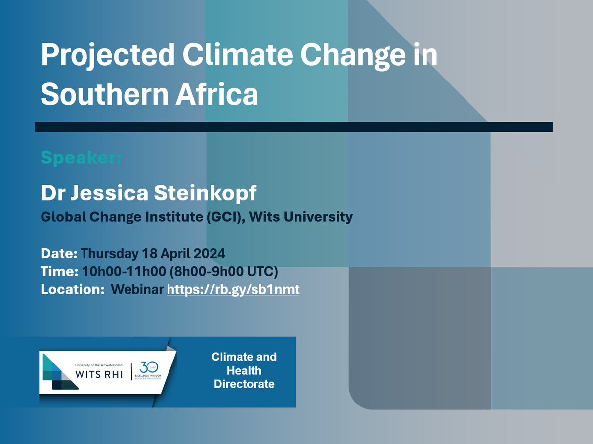 You are cordially invited to a webinar hosted by the Wits RHI Climate and Health Directorate. Date: 18 April 2024 Time: 10h00-11h00 AM (Harare, Pretoria) Zoom Meeting: shorturl.at/ilQRX Meeting ID: 986 7809 6379 Passcode: 199984 #WitsRHI30 #Climate #Health #ClimateCrisis