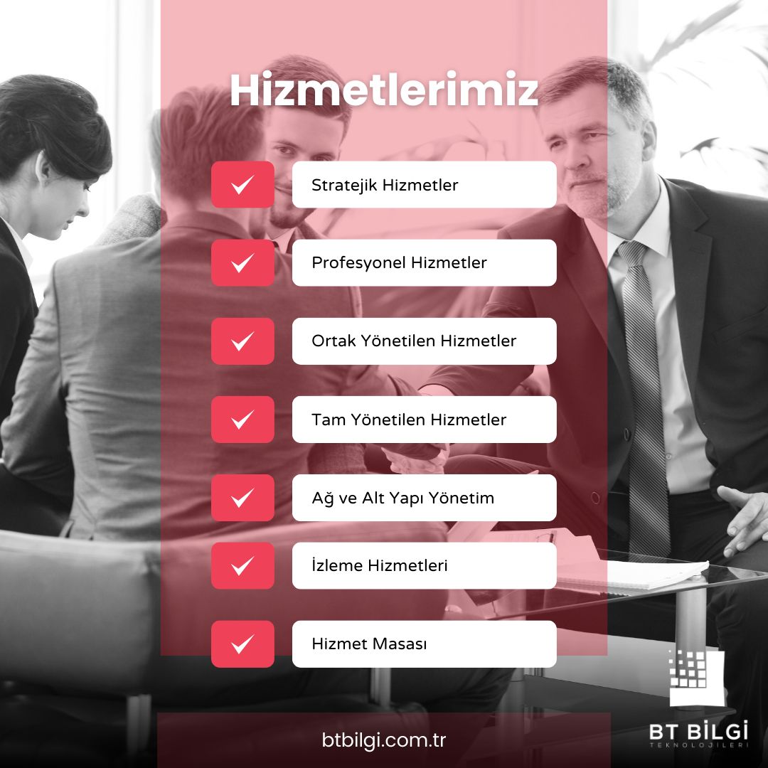 BT Bilgi, firmanın iş hedeflerini karşılamak için gereksinimleri anladığı, uygulama planı yazılım kurulumu ve yapılandırması, özelleştirme, test ve mevcut yazılım sistemleriyle sistem entegrasyonları oluşturduğu uygulamalı hizmetler sunmaktadır.
#BTBilgi #hizmetyönetimi