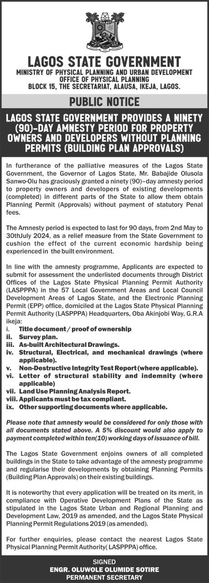 LASG OPENS AMNESTY WINDOW ON PLANNING PERMIT FOR COMPLETED BUILDINGS facebook.com/10006486244012…