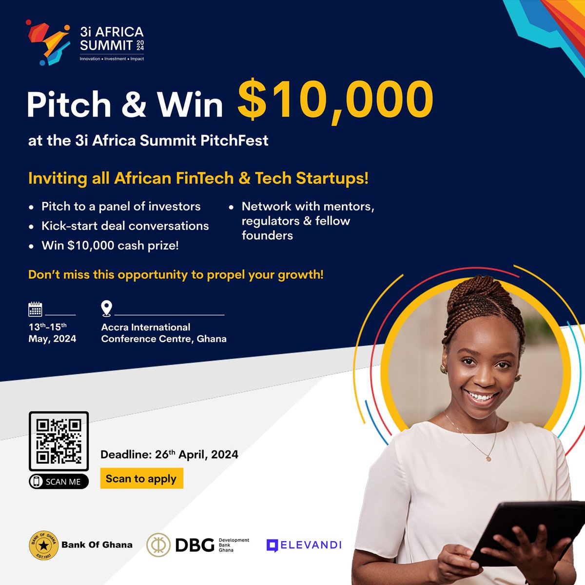 🚀 Calling all entrepreneurs and innovators! 

Stand a chance to win $10,000 and pitch your groundbreaking ideas to our esteemed panel of judges.

 Register now 3i.swoogo.com/3iafricasummit… and take your shot at the PitchFest of a lifetime! 

#3iAfricaSummit