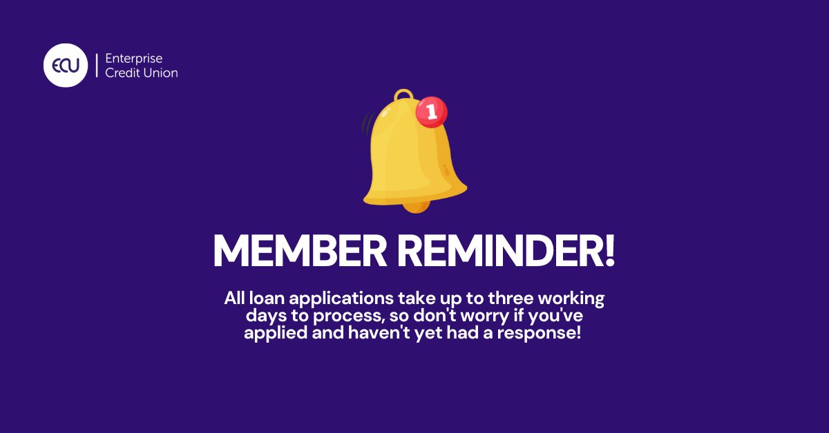 Member reminder 📣 Applied for a loan? All applications take up to three working days to process, so don't worry if you've applied and haven't yet had a response! We'll be in touch with any updates as soon as possible ✅