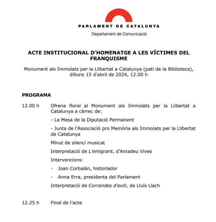 El @parlamentcat farà a les 12 h l’acte institucional d’homenatge a les víctimes del franquisme 📆Dilluns, 15 d'abril ⏰12:00 h 📺Emissió en directe