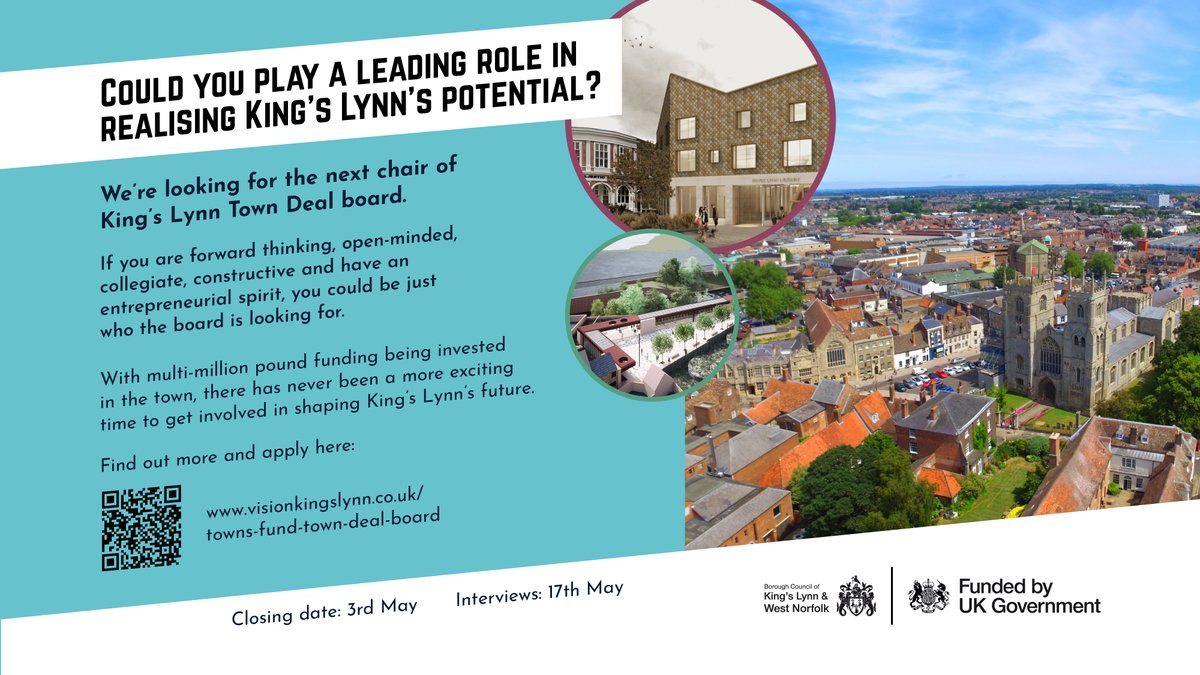 We're looking for an individual to lead the Town Deal board and play a pivotal role in overseeing the delivery of multi-million pound transformational investment in the town. #KingsLynn Find out more about the role and to apply visit: visionkingslynn.co.uk/towns-fund-tow… @WestNorfolkBC