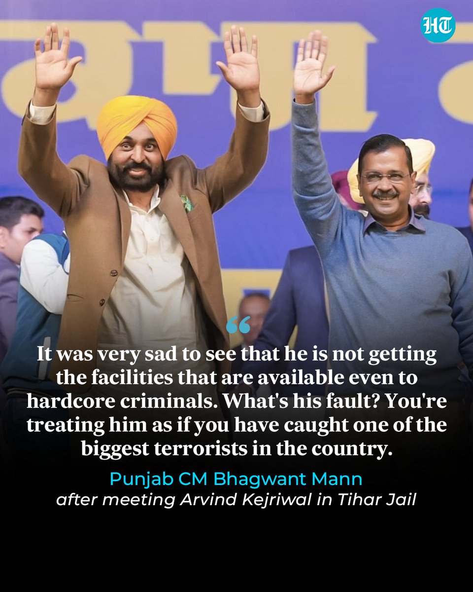 #Punjab chief minister #BhagwantMann met #Delhi CM #ArvindKejriwal in Tihar jail on Monday and alleged that the Aam Aadmi Party (#AAP) chief was not being given amenities that are provided even to hardcore criminals. Read more: hindustantimes.com/cities/chandig…