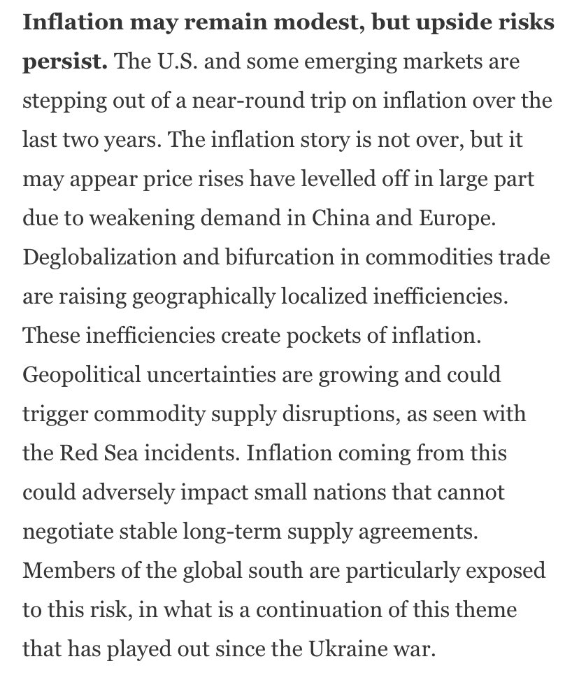 One of the six main themes highlighted in “2024: A year of fragmentation, polarization and divergence” (newindian.in/2024-year-of-f…) was the upside risk to inflation arising from mounting geopolitical concerns. Pressure will grow on central banks to hold off rate cuts the longer