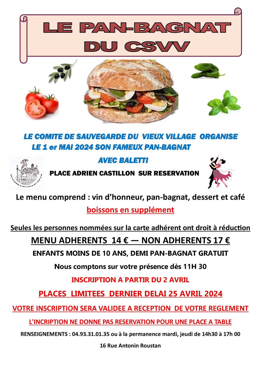 🥙#Infos #CSVV #Slv06 Le Comité de sauvegarde du vieux village de #SaintLaurentDuVar organise son célèbre #PanBagnat mercredi #1erMai sur la Place Adrien Castillon. 🎟️Réservations avant le 25 avril au 0493310135.