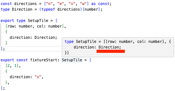 roflwtfbbq's tweet photo. TypeScript wizards: Is there a way to make "Direction" type show what string values it's expecting in the tooltip rather than having to go and find thet type definition in code?
The reason I'm declaring directions as const is because I want to use the actual values in runtime. https://t.co/9yFKlsbMFh