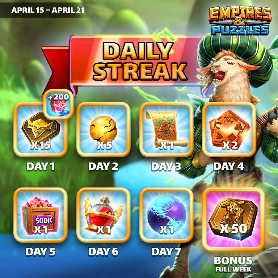 🥳 New week, new Streak 🎉 🎁 Go claim your free daily gift now at 👉 empiresandpuzzles.com