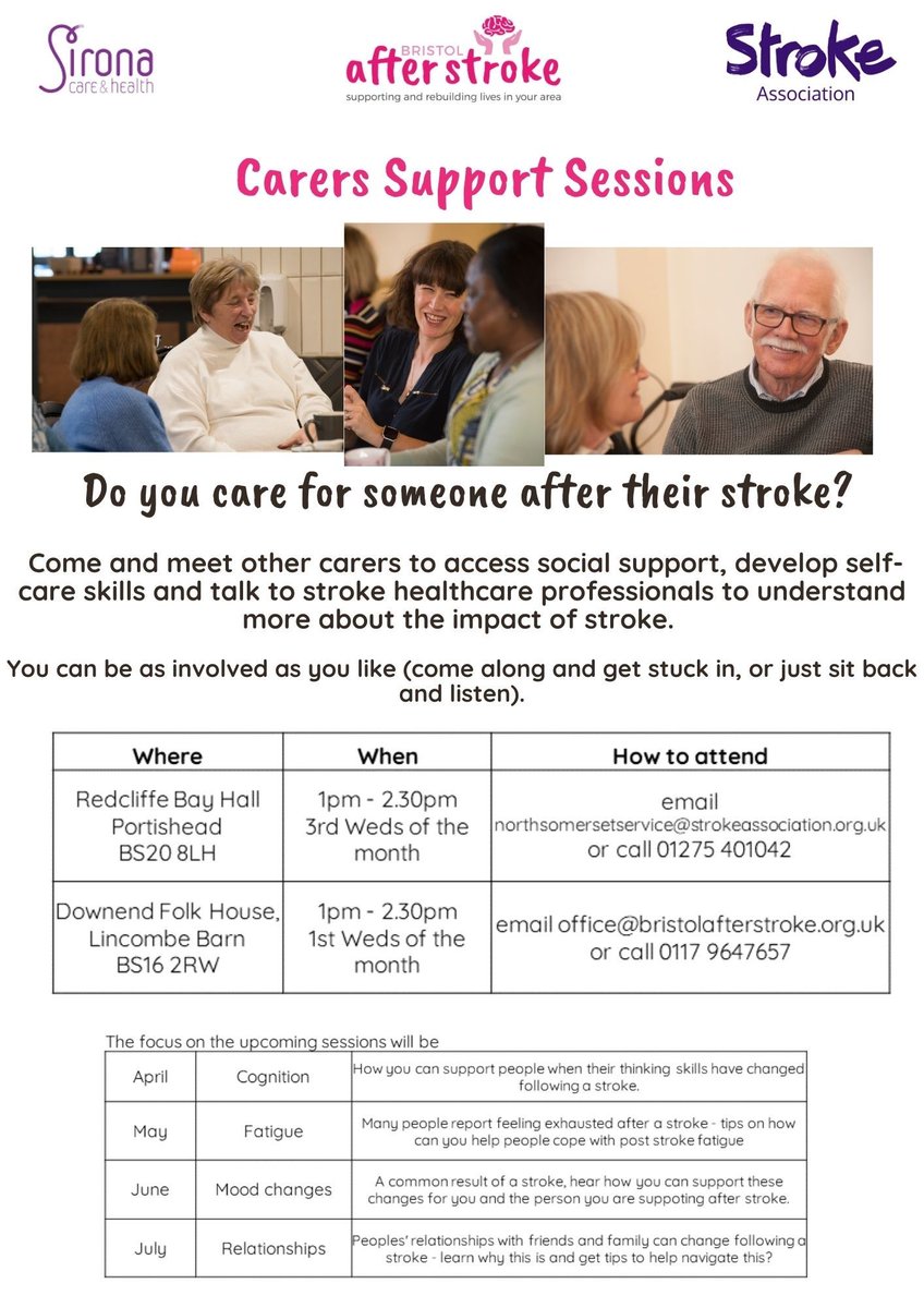 If you are a family member or a carer of someone who is stroke affected, you are invited to join the new support session specifically for Carers. To book your place contact the office: Tel: 0117 9647657 Email: office@bristolafterstroke.org.uk #Carersgroup #stroke