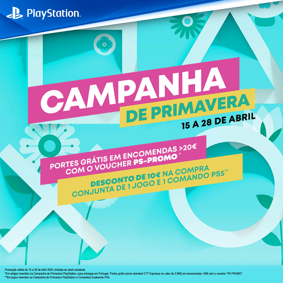 GamingReplayCOM's tweet photo. 🍃 Campanha de Primavera PlayStation 🍃

Portes grátis em encomendas >20€ com o voucher PS-PROMO e desconto de 10€ na compra conjunta de 1 jogo e 1 comando Dualsense PS5!

Aproveita agora:
https://t.co/cryPh50Gmg https://t.co/W1eMJRqRBT