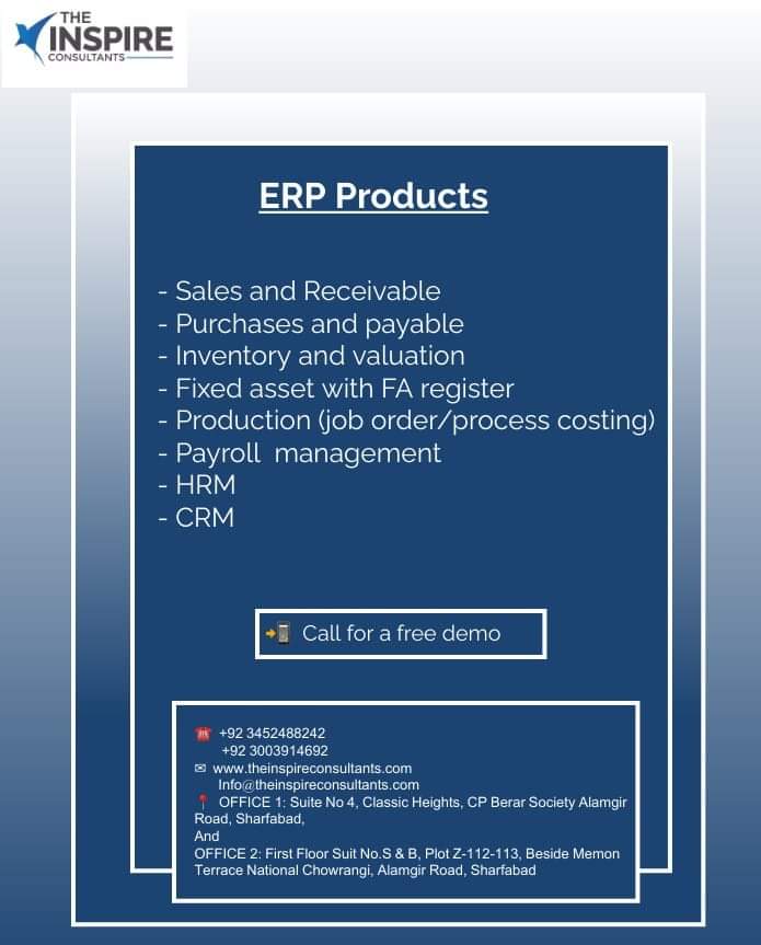 The Inspire Consultants are engaged in providing ERP services and software solutions. 

#ERP #SoftwareSolutions #ERPIntegration #BusinessSolutions #TechSolutions #ERPSystem #CloudERP #ERPConsulting #ERPImplementation #BusinessAutomation #SoftwareDevelopment