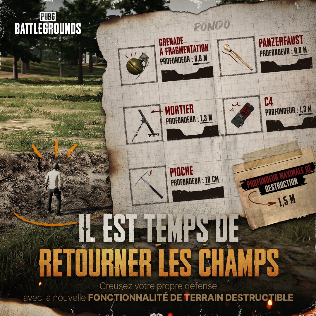 Sautez de l'avion sans tarder et creusez votre chemin vers la victoire avec la fonctionnalité de Terrain Destructible ! Maniez la pioche ou lancez des objets pour fabriquer votre propre abri et surprenez vos ennemis. Allez, on met la main à la pioche ! 💥⛏️