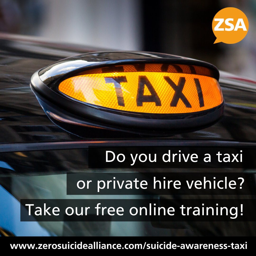 Are you a #taxi or private hire #driver? Take our #SuicideAwareness training developed with taxi drivers. It could help you gain knowledge and confidence to help someone struggling with suicidal thoughts. zerosuicidealliance.com/suicide-awaren…