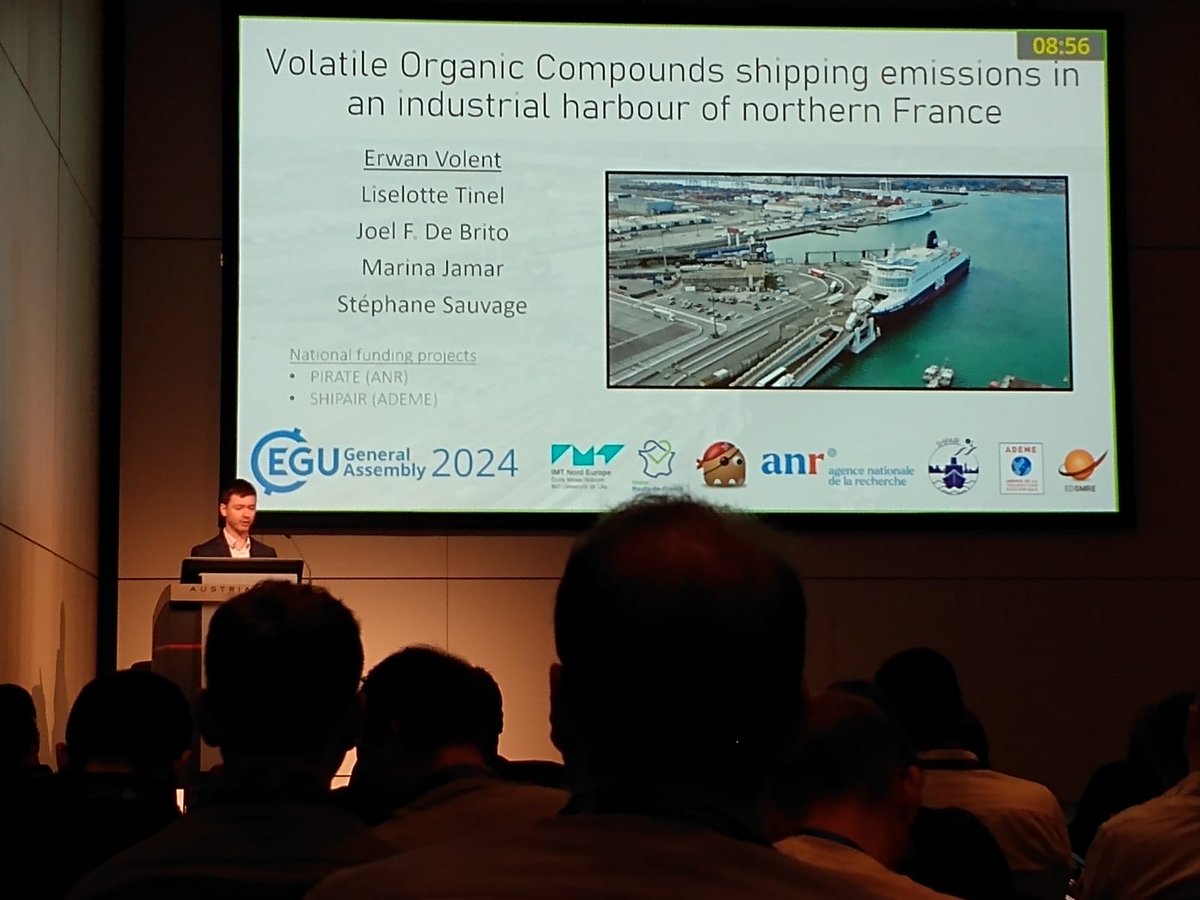 LiselotteTinel's tweet photo. A first talk from @ErwanVlt at #EGU24 on VOC emissions of shipping @IMT_NordEurope showing new speciates emission factors for VOCs from shipping and PMF results. Congrats for staying in time! https://t.co/6kYj2Zhq4p