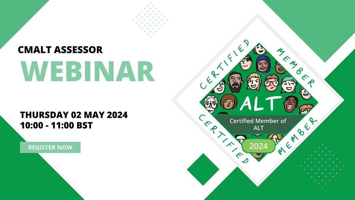 Are you an existing certified member considering becoming a CMALT assessor or an existing #CMALT assessor looking for a refresher? Registration is still open for the next CMALT Assessor webinar on 2 May 2024, 10AM - 11AM BST. buff.ly/3UzxQ1U #altc