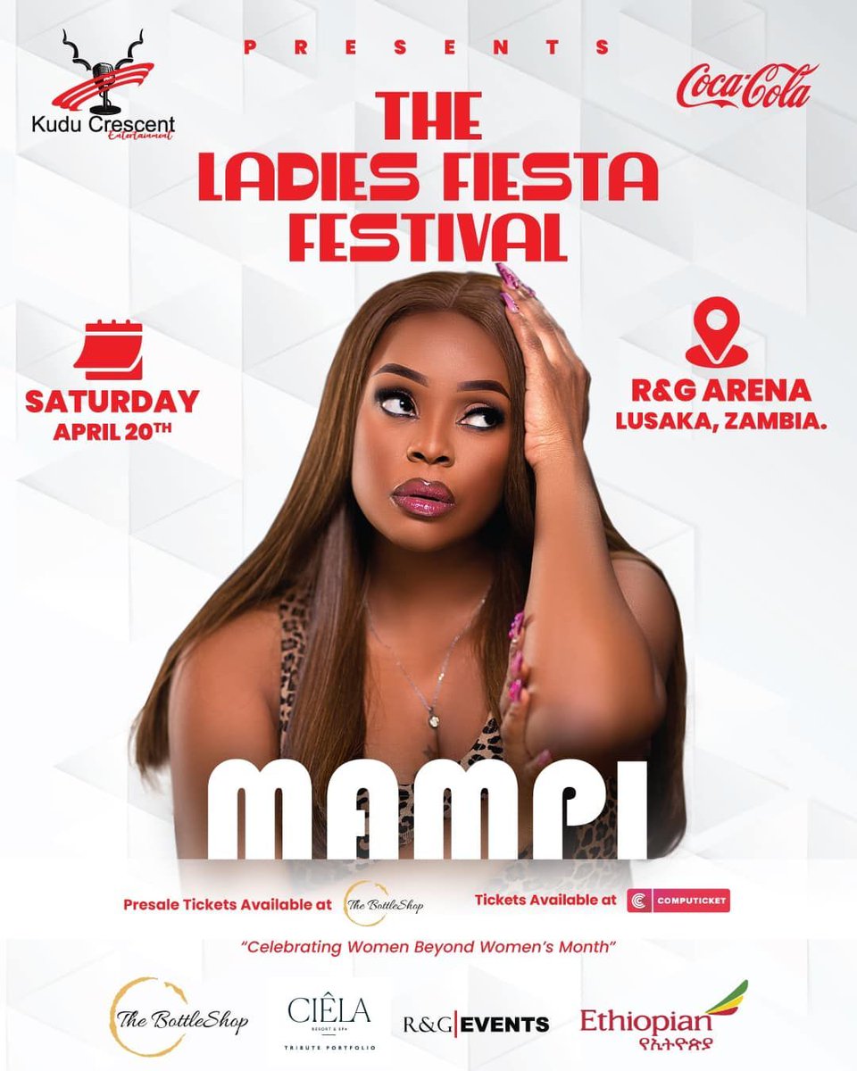 Get ready to be blown away by Mampi, who will be gracing the stage at the Ladies Fiesta Festival! 📅 April 20th 📍 R & G Arena, Lusaka ⏰ Gates open 1 PM Don't let this event slip through your fingers! Secure your tickets now! #LadiesFestival #VisitZambia #DestinationZambia