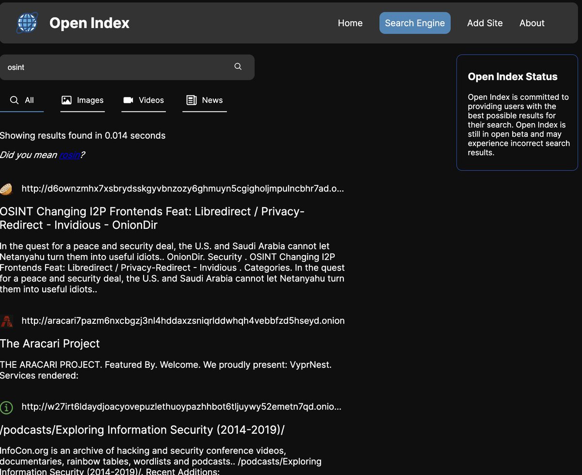 OPEN INDEX A stable and fast search engine for finding sites in the .onion zone. ufll4rxvrbjjgpiq2fhw6zrqf6gbz7acmgzjtmcvbkb6tgnagld5biad[.]onion (open link in Tor Browser/online Tor proxy tool) Tip by @DarkWebInformer