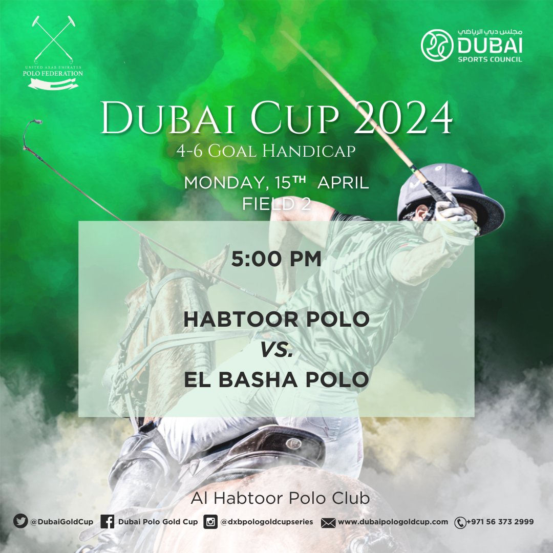 The last hurrah of the Dubai Polo Gold Cup Series, the Dubai Cup 2024, will kick off on April 15th at Al Habtoor Polo Club. 5:00 PM | Field 2 Habtoor Polo vs. El Basha Polo Brace yourselves for another week of heart-pounding polo action! See you there! #DubaiCup2024
