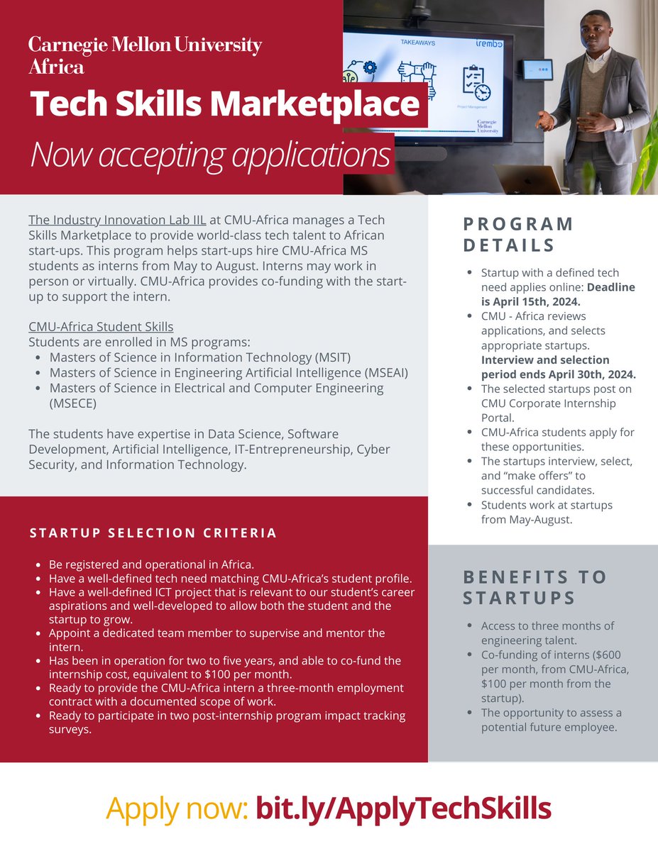 Apply to the Tech Skills Marketplace program under the CMU-Africa Industry #Innovation Lab. The deadline is today! The Tech skills marketplace provides world-class tech talent to African start-ups. Learn more: bit.ly/IILTechSkillsM… Apply today: bit.ly/ApplyTechSkills