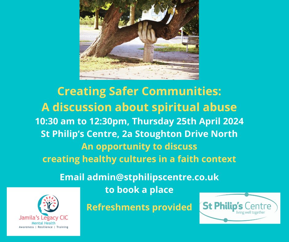 We are pleased to be collaborating with @SPCLeicester on this much needed discussion. Our CEO @ray_4_peace will be facilitating the discussion with @revtomwilson . Book your place via the email on the poster. #safety #community #faith