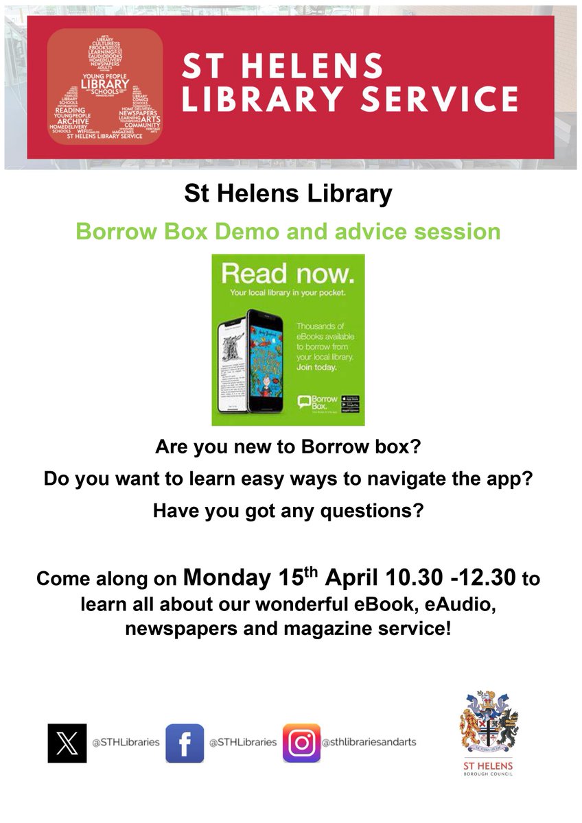 📚 HAPPENING TODAY! 📚 Are you new to @BorrowBox? Do you have burning questions about how to make the most out of our fabulous digital library service? 🤔 Well, we've got you covered! Join us for a BorrowBox demo & advice session at St Helens Library, this morning from 10.30am