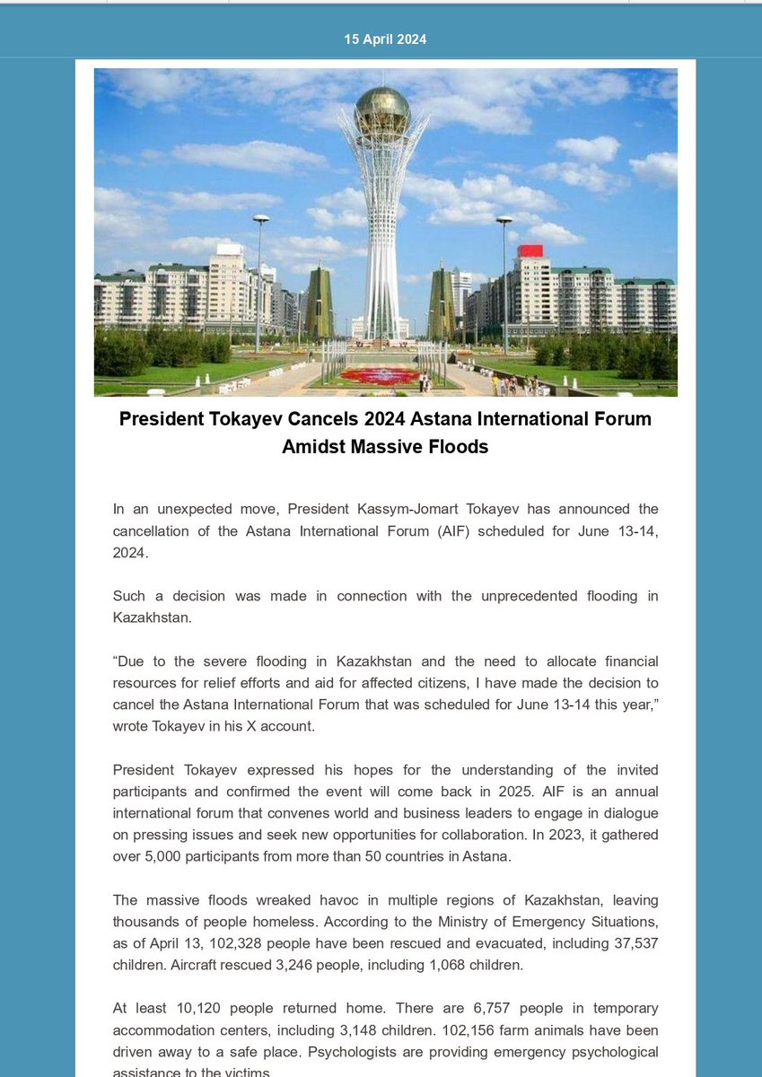 🗞️Some remarks from President Tokayev's interview to @armenpress on #Kazakhstan-#Armenia relations, decision to cancel @AstanaIntlForum amidst massive floods, cooperation with Georgia & Finland, visa-free regime with #Macau in our latest newsletter via mailchi.mp/4d605a694298/w…