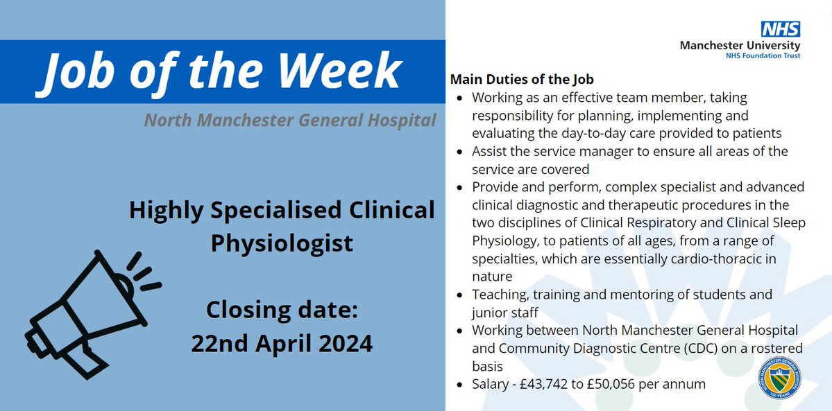 VACANCY: Highly Specialised Clinical Physiologist - North Manchester General Hospital. Come and join #teamNMGH family and help shape a very bright future. jobs.nhs.uk/candidate/joba…