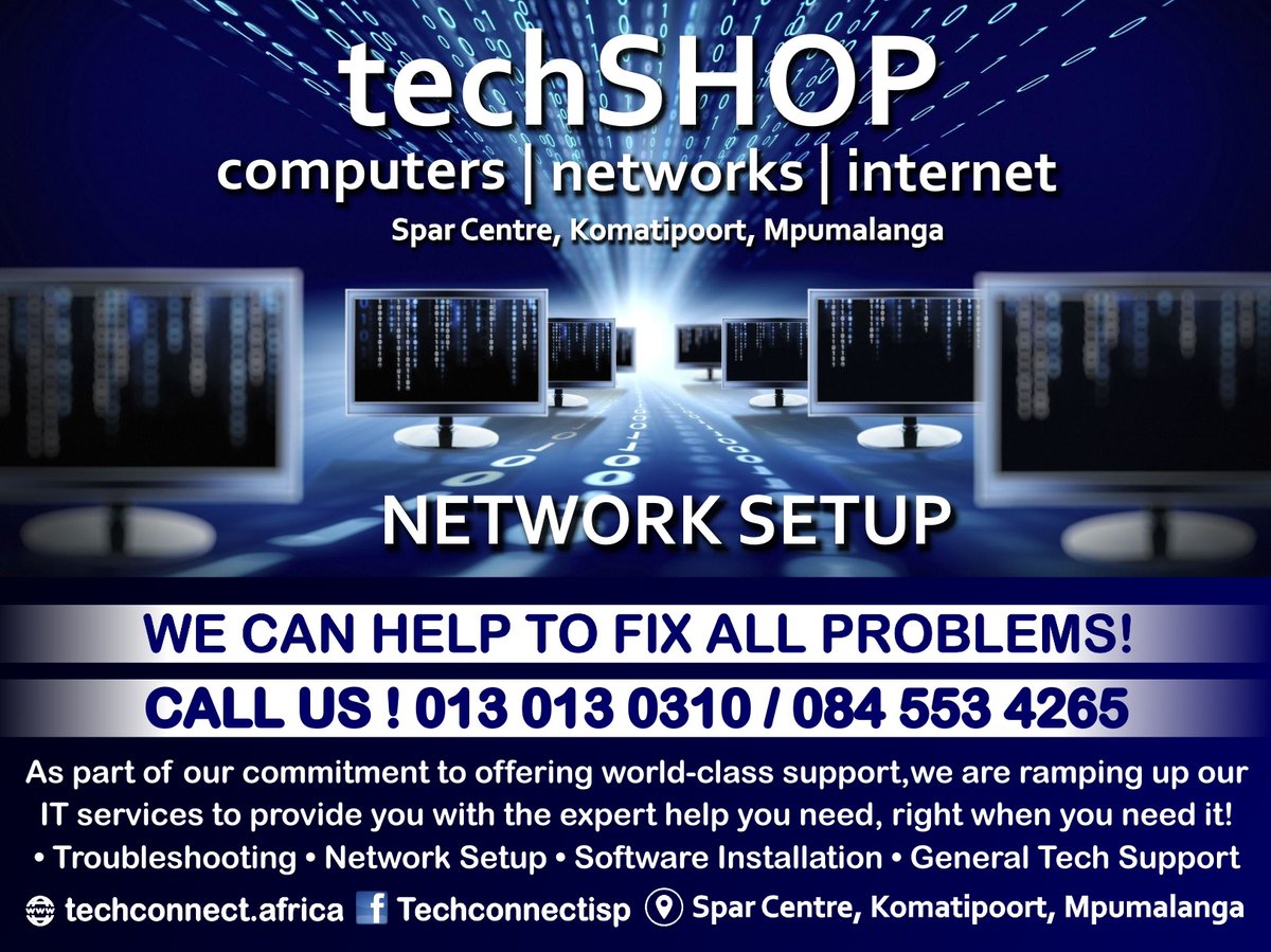 techConnect - Komatipoort - Do you need your network setup? 
 WE CAN HELP TO FIX ALL PROBLEMS -

Give us a call on 013 0130310/ 084 553 4265 and let us help you!
and information facebook.com/techconnectisp

#internetkomatipoort #itsupport #itsupportservices #WifiRouter #mpumalanga