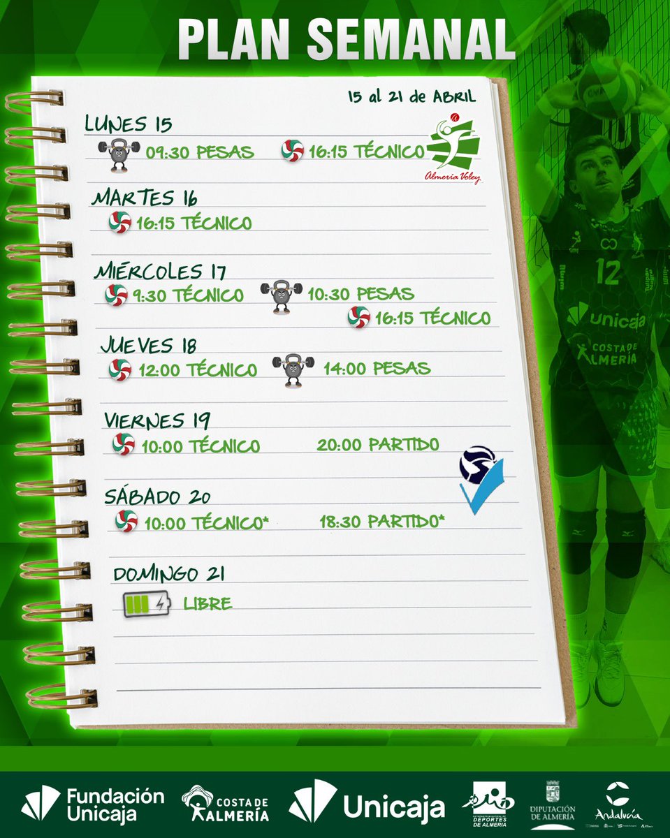 🗓️ 𝗣𝗟𝗔𝗡 𝗦𝗘𝗠𝗔𝗡𝗔𝗟 🏋🏻‍♂️🏐

💚 #VamosVerdes!
🏐 #SomosVoleibol

#Unicaja #Almeria #Almería #UnicajaAlmeria #UnicajaAlmería #Voleibol #Volleyball #Volley #Pallavolo #Volei #Gym #Gimnasio #VoleyPlaya #Andalucia #TeamJoma #picoftheday