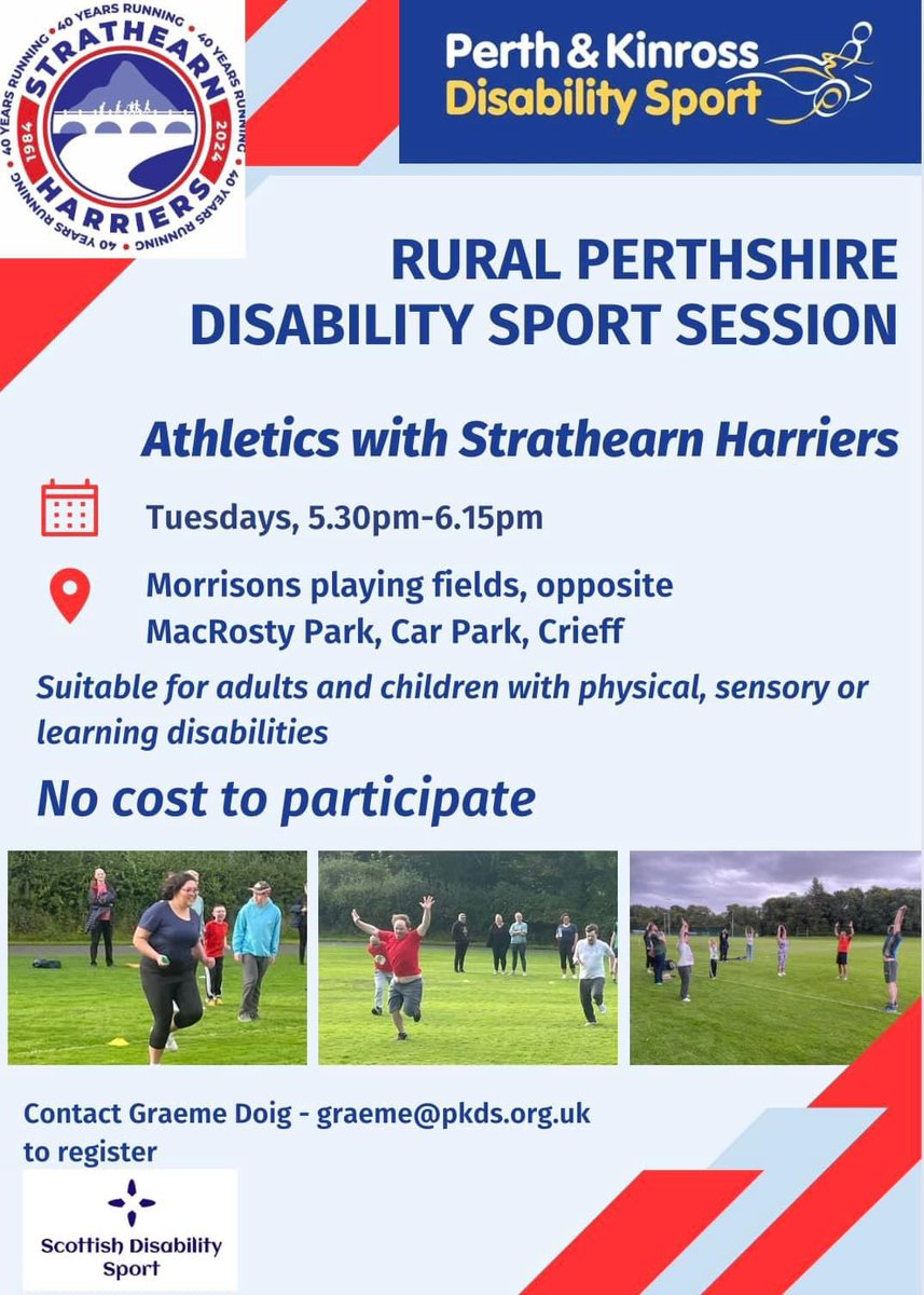 Our next sport in our Strathearn Rural Perthshire programme is Athletics with Strathearn Harriers🎽 Suitable for people of all ages with physical, sensory or learning disabilities 🗓️ Tuesdays ⏰ 5.30-6.15pm 📍 Morrisons Playing Fields, Crieff 💰 No cost cognitoforms.com/perthkinrossdi…