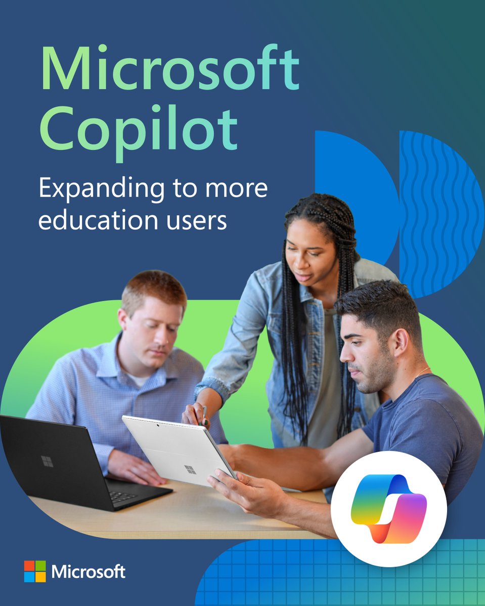 Drumroll please! 🥁 Copilot is spreading its wings to more education users! Catch up on the latest from Microsoft Reimagine: msft.it/6018coWxQ #MicrosoftEDU #AI #EdTech