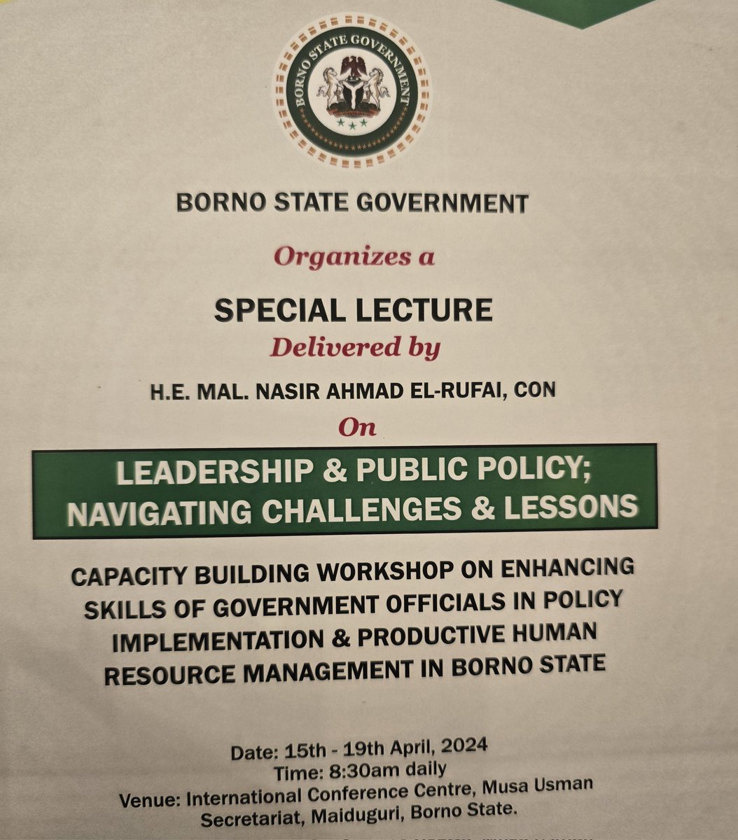The guest speaker today is @elrufai immediate past Governor of Kaduna State at the Musa Usman Secretariat, Maiduguri, Borno State. Join me LIVE to hear Malam.