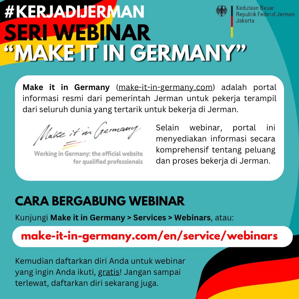 Tertarik #KerjadiJerman? Dapatkan informasi resmi dari seri webinar gratis @MakeitinGermany 🗓️ 17 April: How to find a job in Germany 🗓️ 5 Juni: Work visa for Germany 🗓️ 19 Juni: Opportunity card (Chancenkarte) Daftarkan diri untuk mengikuti webinar di: make-it-in-germany.com/en/service/web…